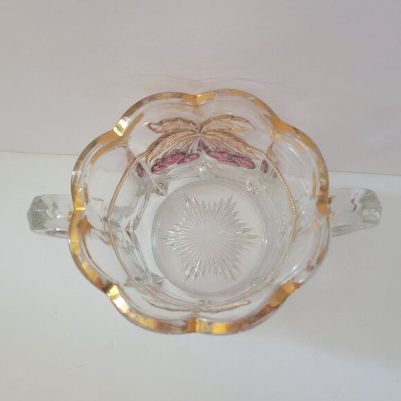 Vintage Mosser Clear Glass Sugar Bowl With Gold Trim & Pink Cherry Design - Picture 3 of 7